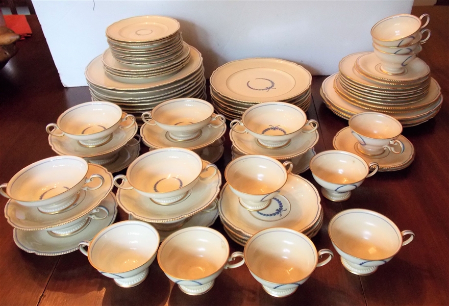 Lot of "Empire" China - Ivory Background with Blue Wreath - 64 Pieces of Rosenthal Including Largest Stack of Dishes and All Cream Soups and 19 Pieces of Castleton including Smaller Stack of Plates...