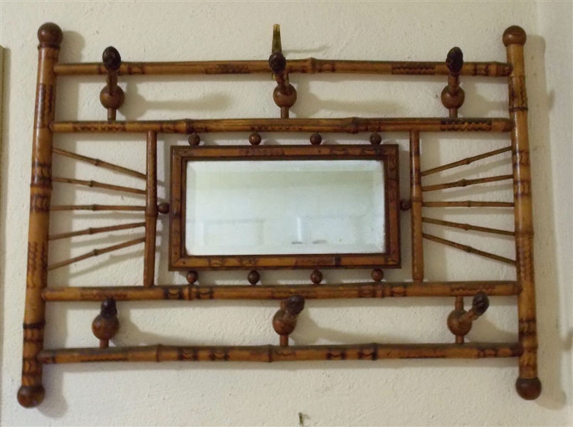 Bamboo Stick and Ball Mirrored Hat Rack - Burnt Wood Decoration - Measures 21 1/2" by 29"