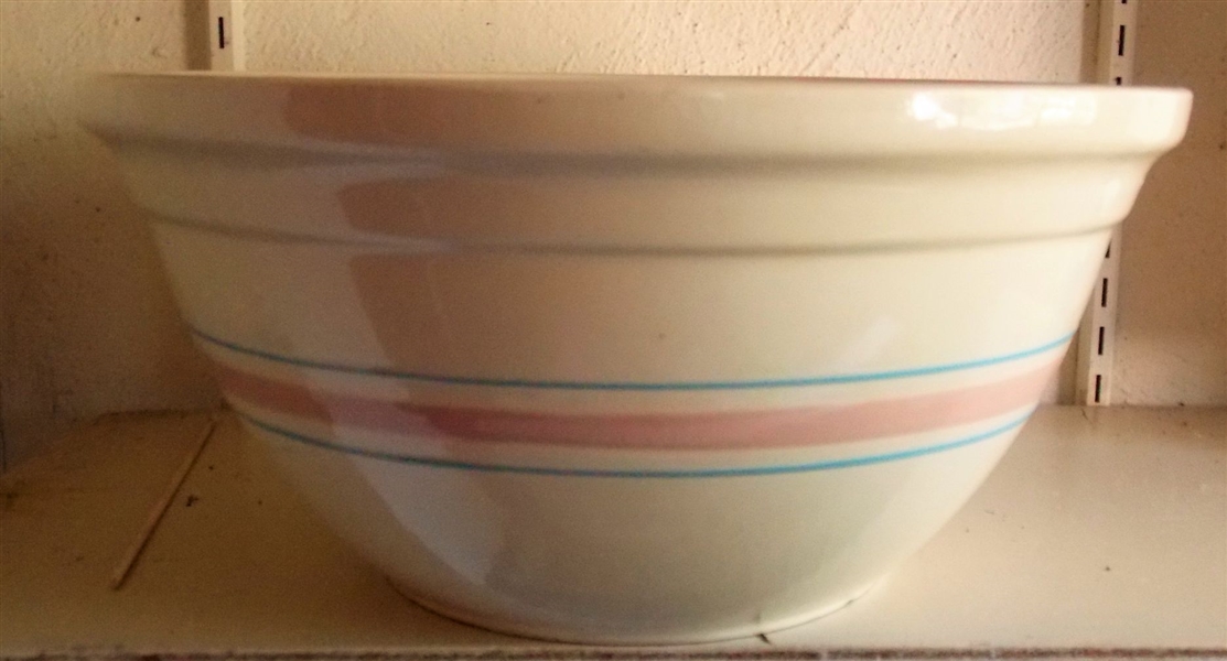 McCoy USA #14 Ovenproof Stone Mixing Bowl with Pink and Blue Bands - Measures 6 1/2" Tall 13 3/4" Across