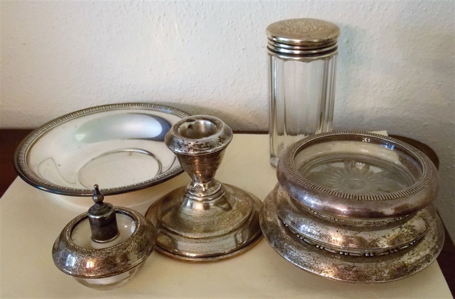 1 Solid Sterling Bowl and 6 Stering Silver Rimmed / Lidded Items - Shaker Lid is Monogrammed - Candle Stick is Weighted - Sterling Bowl Measures 5 3/4" Across