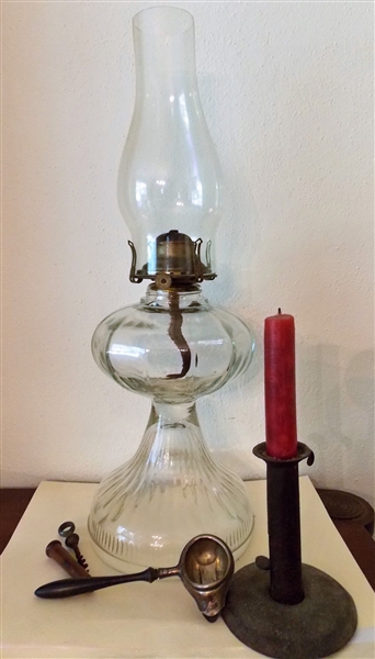 Hog Scraper Candlestick,  Oil Lamp, Baby Feeding Spoon, and Corksrew in Wood Cover