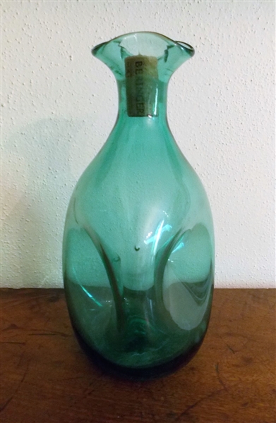 Teal Blue Bown Glass Pinch Bottle - Measures 9 1/4" Tall 