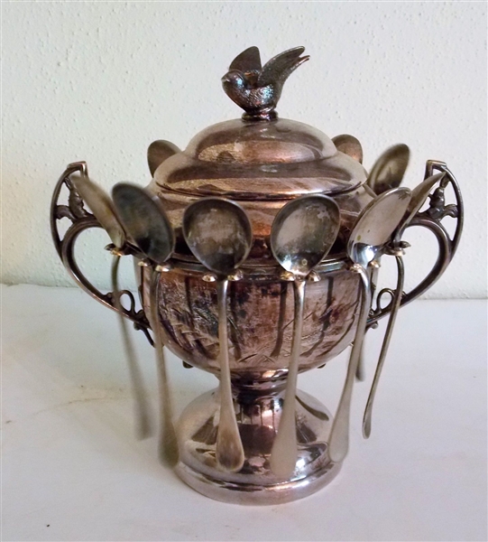 Wm. Rogers Silverplate Spooner Sugar Bowl with Bird on Lid - 11 Spoons - Measures 8 1/4" tall 7 1/4" Handle to Handle