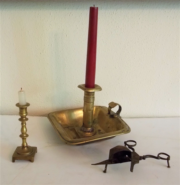 1820s Brass Pushup Chamberstick Candle Holder, Shop Made Cande Snuff, and Small Brass Candle Stick - Chamberstick Stamped ALM - Measures 5" tall 7" by 6 3/4" 