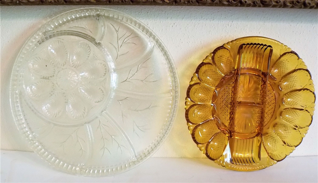 Unusual Amber Egg Plate and Platter with Divided Sections and Small Egg Area - Clear Measures 13" Across  - Amber Measures 11" Across