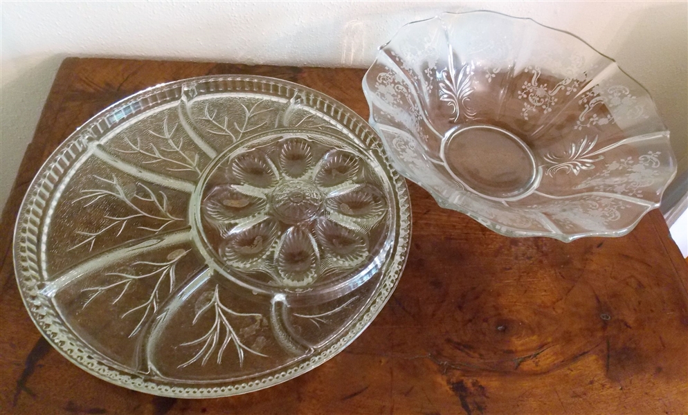 Elegant Etched Glass Bowl and Glass Platter with Divided Sections and Egg Holder -Platter Measures 13" Across