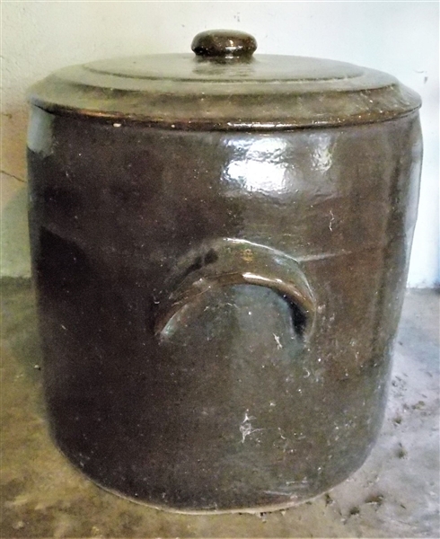 Brown Double Handled Stone Crock with Lid - Measures 12 1/2" tall 12 1/2" Across - Some Chips on Lid