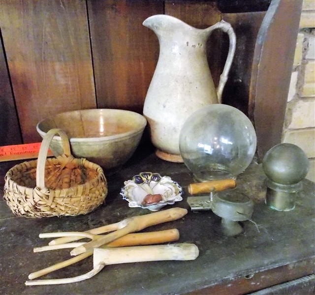 Large Ironstone Pitcher, Brass Finial, Oak Split Basket, Horn, Sling Shots, Bowl, Glass Globe, Made in Germany Pipe Ashtray, and Jar Opener - Bowl and Pitcher Have Crazing, Bowl Has Crack, Horn Works