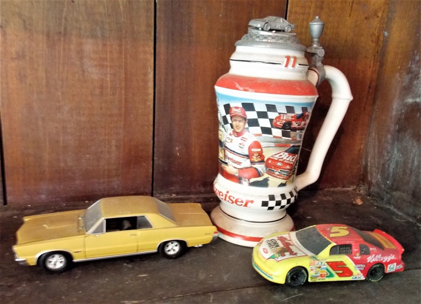 Welly 1965 Pontiac GTO Model Car, Kellogs #5 Car, and Budwiser #11 Beer Stein Measureing 10 1/2"