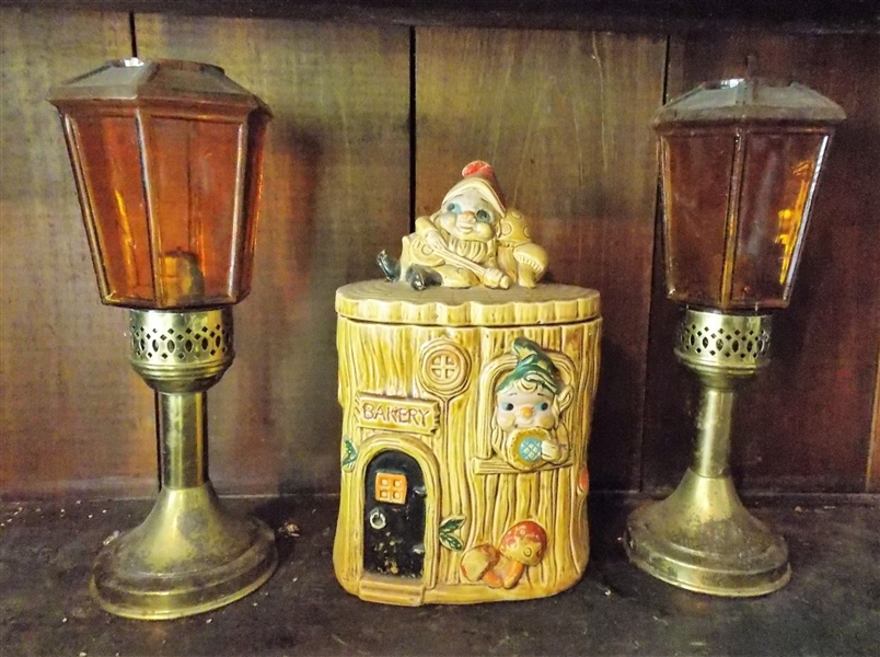 Gnome Bakery Cookie Jar and Pair of Candle Lamps with Glass Shades - Cookie Jar Has Crazing and Paint Loss - 1 Amber Shade is  Cracked - Lamps Measure 12"