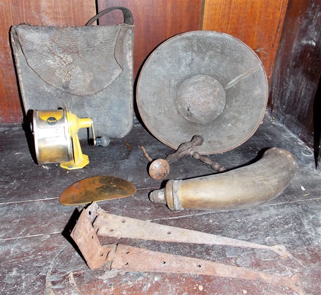 Punched Tin Sifter, Pair of 10" Shop Made Hinges, Horn Powder Horn, Leather Pouch, Midget Pencil Sharpener, Cork Screw, Etc. 