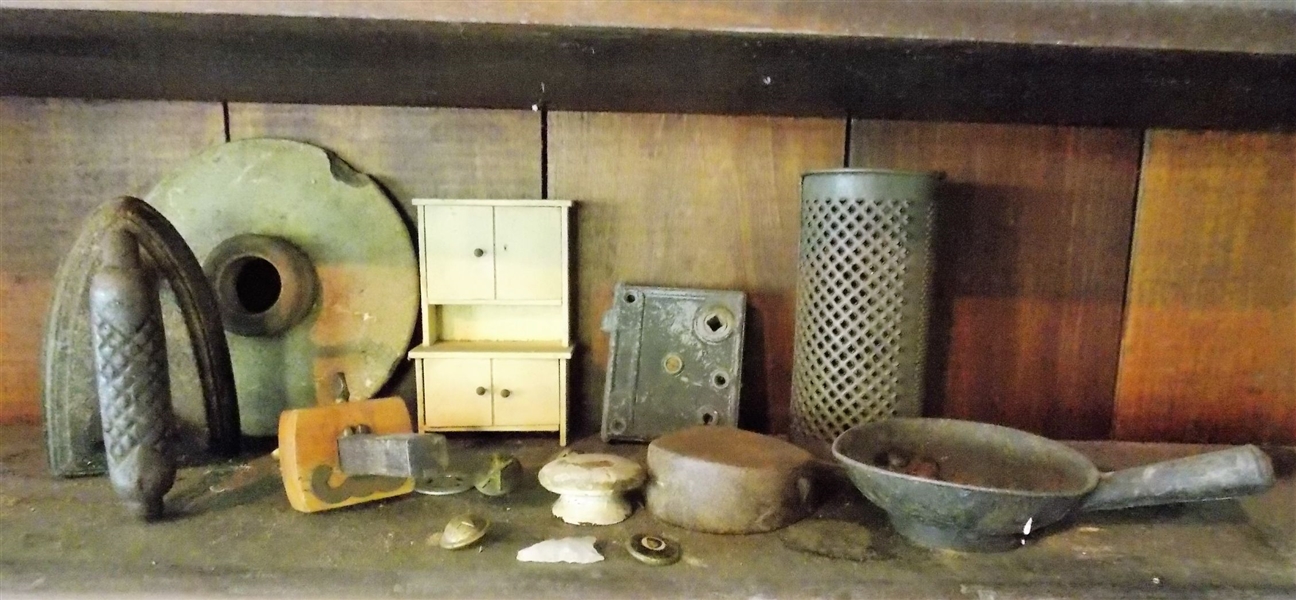 Door Lock, Flat Iron, Cylinder Grater, Scribe, Hardware, Buttons, Quartz Arrowhead, Sifter, Damaged Pottery Churn Lid, and Doll House Cupboard