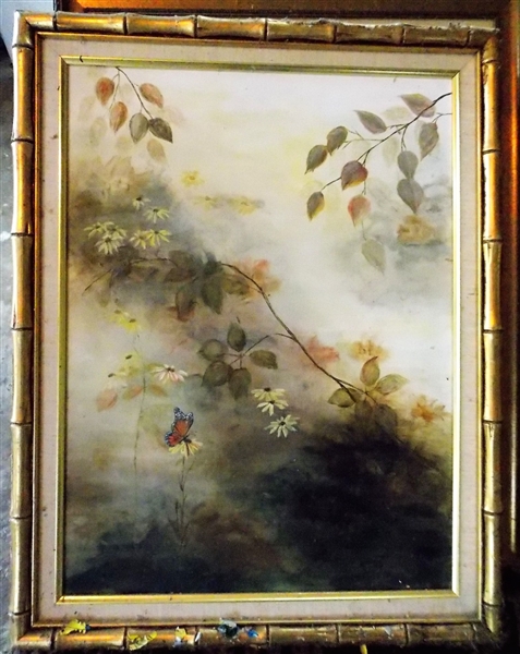 G. Gill Painting on Canvas of Flowers and Butterflies in Gold Bamboo Style Frame - Frame Measures 28" by 22"