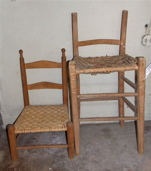 Country Primitive Youth Ladderback Chair and Bar Chair - Missing Back Slat - Bar Chair Measures 37 1/2" Other 27 1/2" tall 