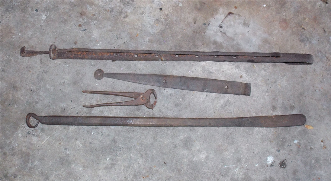 Blacksmith Made Adjustable Hook Hanger, Prying Tool, Hinge, and Pair of Snips - Hook Measures 34" Hinge 18"