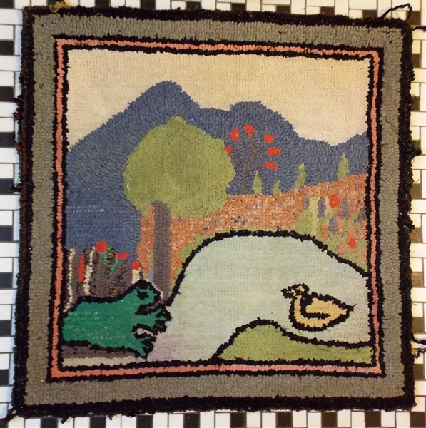 Hook Rug with Water Scene with Frog and Duck - Measures  21" by 21"