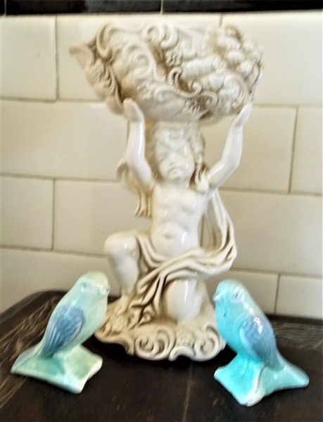 Inarco Japan Figure and Pair of Blue Birds - Cherub Measures 8 1/2" tall 