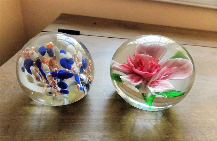 2 Art Glass Flower Paperweights - 2 1/4" tall and 2 1/2"