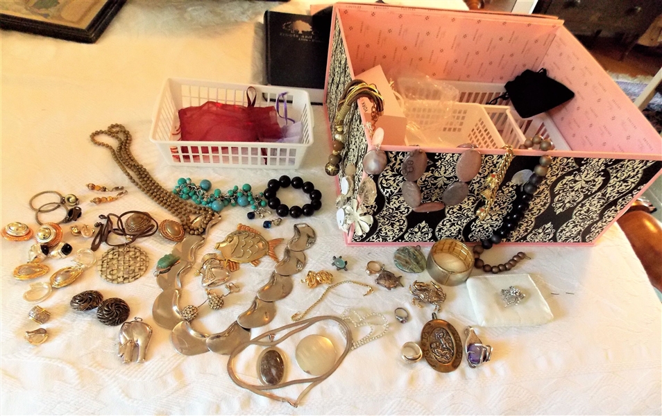 Lot of Jewlery including Sterling Herringbone Chain, Monogramed Pendant, "Silver Wear" Fork Pendant, Rhinestones, Clip on Earrings, and Beaded Necklaces with Raymond Waites Large Gift Box