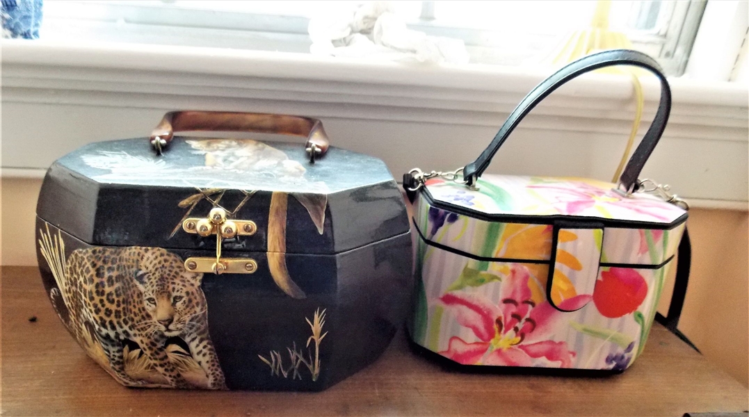 Black Laquer Tiger Purse and Tulip Decorated Jewelry Case - Purse Measres 5 1/2" tall 8 1/4" by 6 1/4"
