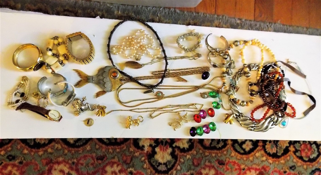 Lot of Costume Jewlery including Fish Necklace, Brooches, Clip on Earrings, Bracelets, and More