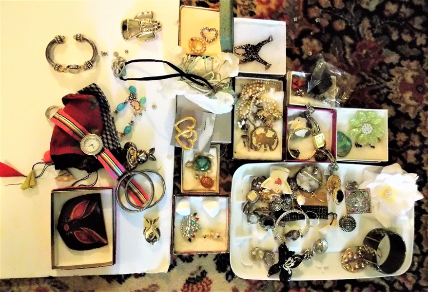 Lot of Costume Jewlery including Rhinestone Brooches, Watches, Heart and Angel Pins, Beads, Etc.