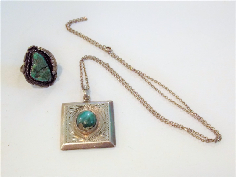 Monroy Stering Silver Square Pendant and Sterling and Turquoise Ring - Stone is Cracked