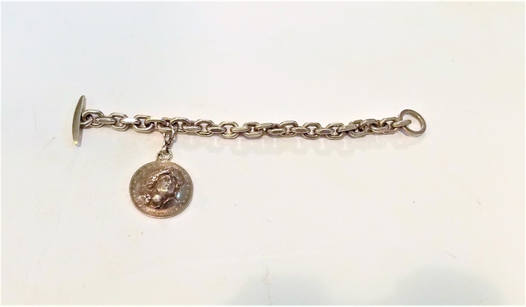 Denmark Sterling Silver Bracelet with Impressed 1880 Silver Coin - Bracelet Measures 8 1/2" Long
