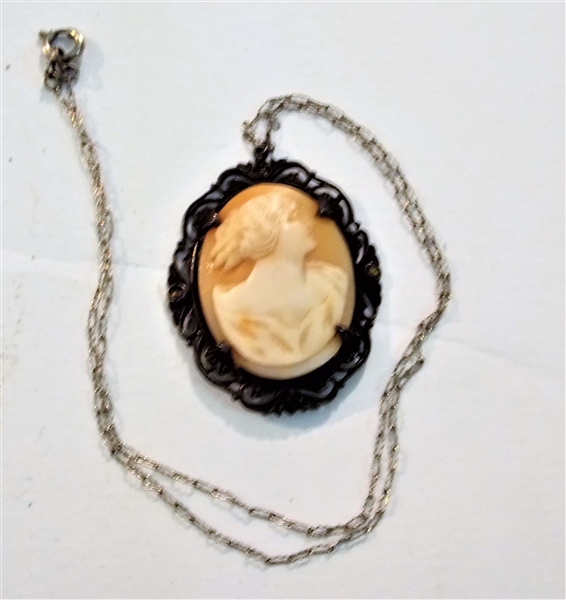 Sterling Silver Cameo Pendant with Chain - Pendant Measures 1 1/2" by 1 1/4"