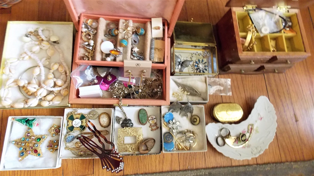 Lot of Costume Jewelry and Jewelry Boxes including Rhinestones, Shells, Brooches, Pendants, Etc.