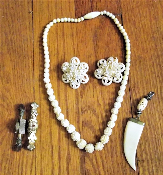 2 Victorian Pins, Bone or Ivory Necklace, Earrings, and Pendant