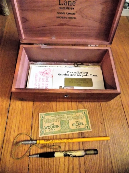 Lane Cedar Jewelry Box - Lynchburg, VA, Lynchburg Sesqui Centennial Wooden Nickel, Advertising Pen and Pencil