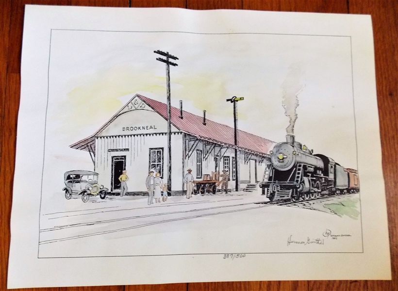Herman Ginther 1985 Artist Signed and Numbered  385/500 Print of Brookneal Train Station - Measures 10 1/2" by 13"