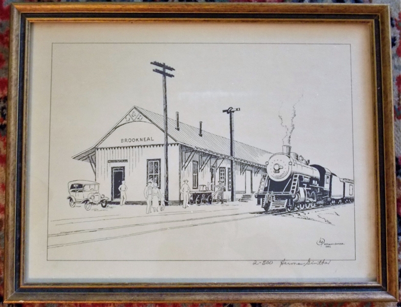Herman Ginther 1985 Artist Signed and Numbered  2/500 Print of Brookneal Train Station - Measures 10 1/2" by 13" - Framed