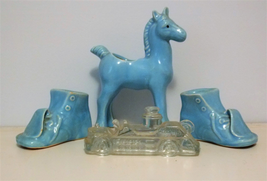 Blue Horse Planter, Blue Shoe Planters, and Fire Truck Candy Container  - Fire Truck is 5" Long - Horse Measures 6 1/2" tall 5 1/2" Nose to Tail 