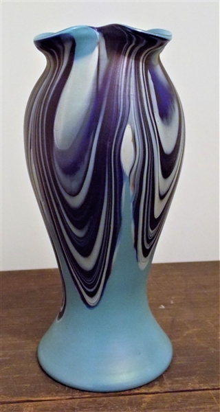 Blue Art Glass Vase - Ruffled Edge - Measures 6 1/4" Tall 