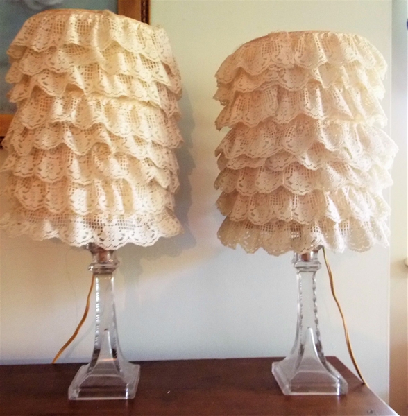 Pair of Glass Candlestick with Ruffled Lace Shades - Lamps Measure 17" Tall  