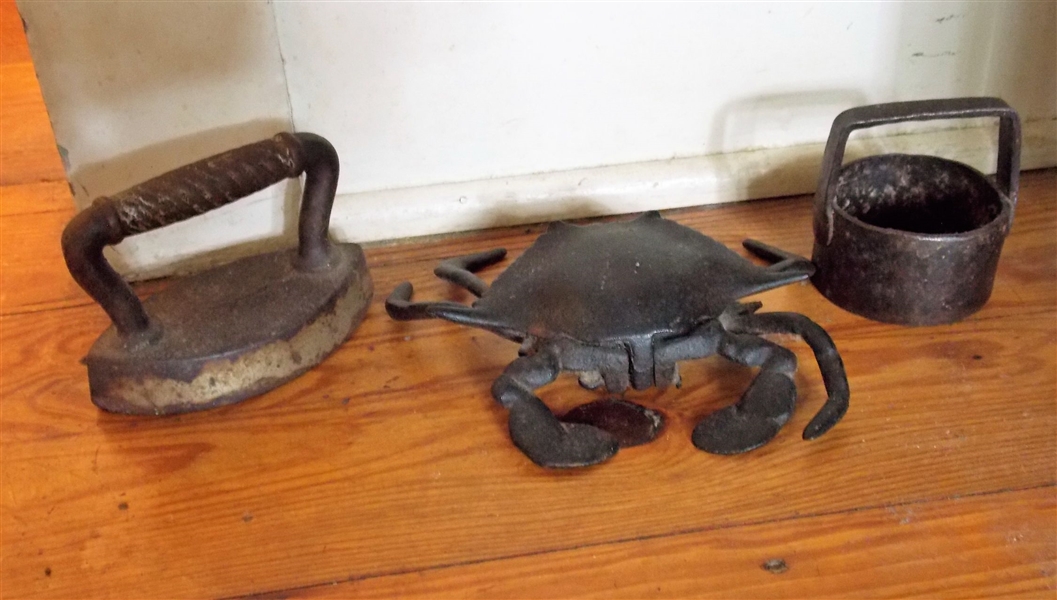 Cast Iron Crab, Small Flat Iron, and Iron Biscuit Cutter - Crab Measures 6" Across, Cutter 2 1/2"