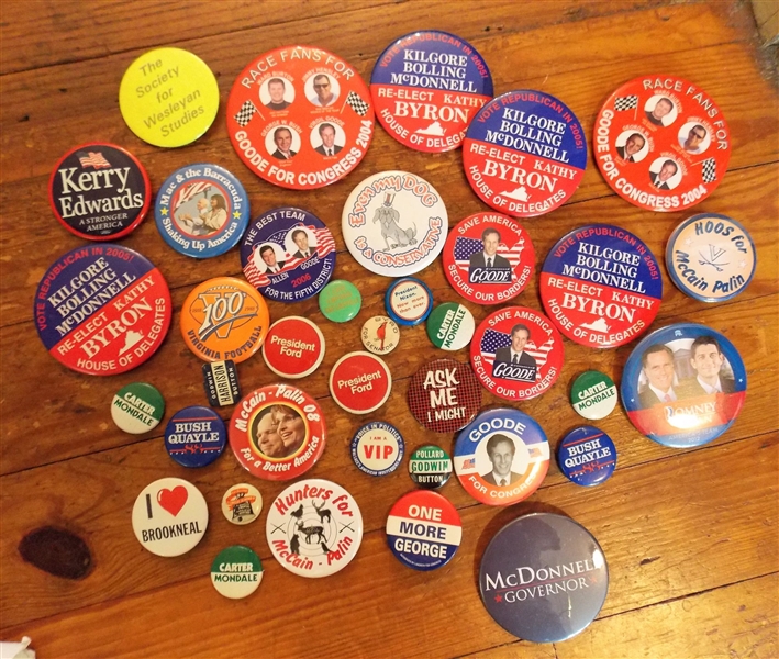 Lot of Campaign Buttons including Romney-Ryan, Kerry - Edwards, Goode for Congress, Hoos for McCain Pailin, Etc. 
