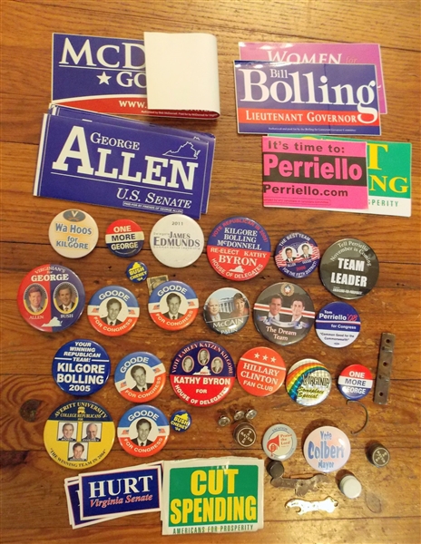 Lot of Campaign Buttons, Stickers, and Other Memorbillia including Richmond Police Buttons, Country Club Bottle Opener, Kilgore Bolling Button, Hillary Fan Club, Etc. 