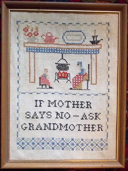 "Ask Grandmother" Crossstitch - Framed - Frame Measures - 16" by 12" No Glass in Frame 