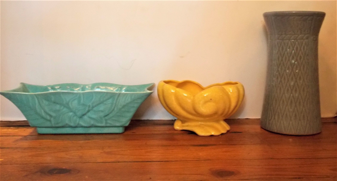 Shawnee Yellow Planter, Unsigned Blue 10" Vase, and Turquoise Planter - Rough Places on Corners