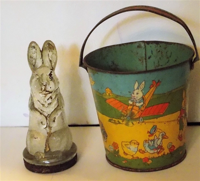 Rabbit Candy Continer with Lid, J. Chein Tin Litho Easter Bucket, and Marbles - Candy Container Measures 5" tall 