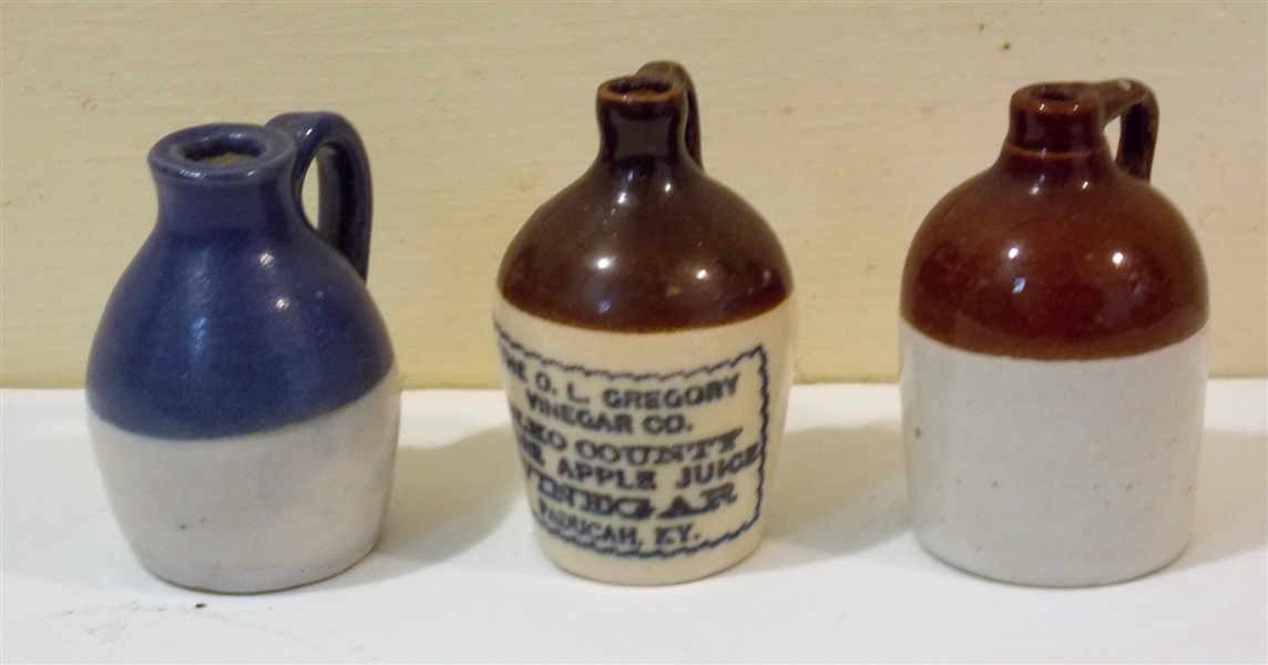 3 Miniature Stone Jugs including "Elko County Pure Apple Juice Vinegar Paducah, KY" - 3" Tall 
