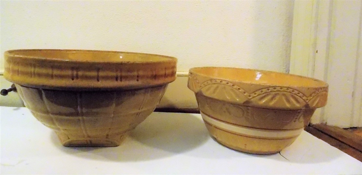 2 Yellowware Mixing Bowls - Roseville With Bands 10" - Small Hairline and 11 1/2" with Overall Crazing
