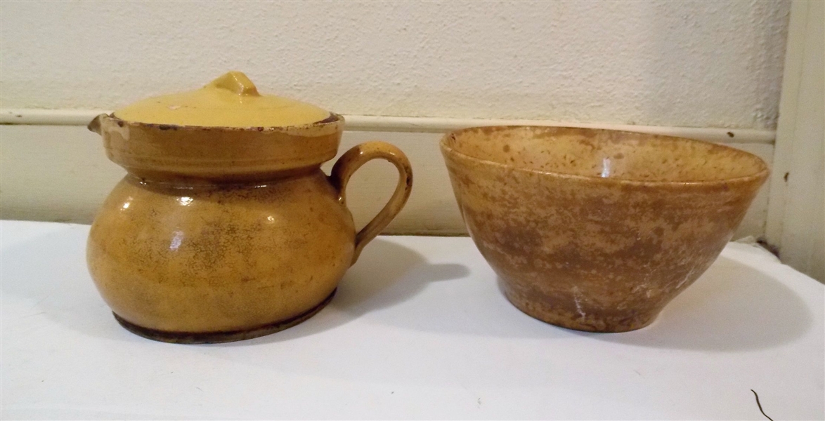 Early Yellowware Pitcher, Yellowware Bowl, and Lid - Pitcher Measures 4 1/2" tall 7" Spout to Handle - Bowl 3 3/4" tall 7 1/4" Across