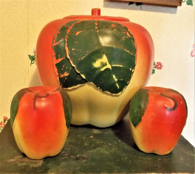 Apple Cookie Jar, Salt, and Pepper Shakers - Some Minor Paint Loss- Cookie Jar Measures 8" Tall 8" Across