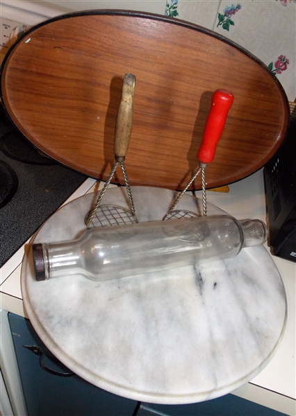 Oval Wood Tray, Glass Rolling Pin, Wood Handled Potato Mashers, and Round Marble Candy Board - Marble Measures 16" Across