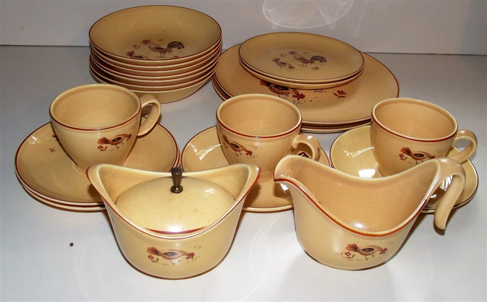 25 Pieces of Harmony House "Honey Hen" China - 2 Dinner Plates, 2 Bread Plates, 7 Bowls,  3 Cups and Saucers -  Cream and 1 Plate have some Chips
