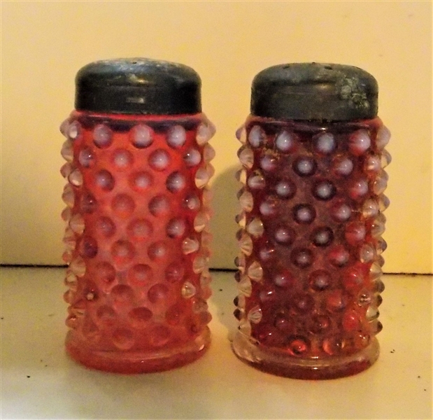 Cranberry Opalescent Hobnail Salt and Pepper Shakers - 1 Knob Has Chip - Shakers Measure 3 1/8" Tall 